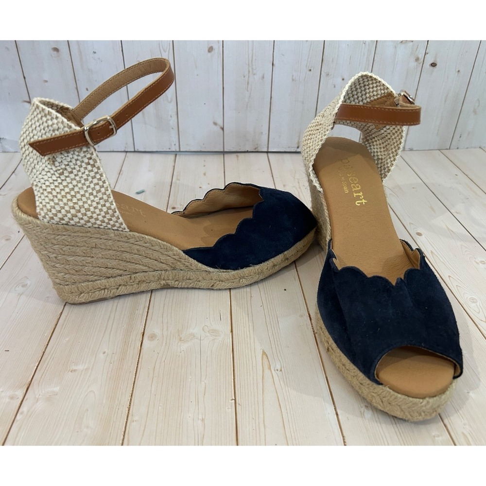 Paseart Blue Leather Suede Espadrille Wedge Sandals Womens Size 39 Slingback
